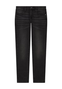 Jeans in denim nero con un design a gamba dritta, dotati di tasche frontali, una piccola tasca per le monete e un leggero effetto sbiadito sulla superficie.