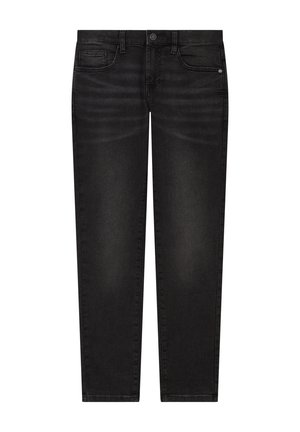 Schwarze Jeans aus Denim mit geradem Bein Design, ausgestattet mit Vordertaschen, einer kleinen Münztasche und dezenten Verblassungen auf der Oberfläche.