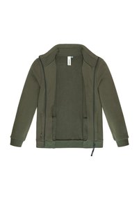 Giacca a zip verde oliva realizzata in tessuto morbido, con colletto alto, due tasche frontali e un interno a texture liscia.