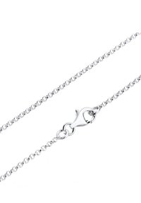 Sølv kæderekæde med sammenflettede led, der har en lobster-lås. Glat tekstur, ensartet farve og et klassisk design.