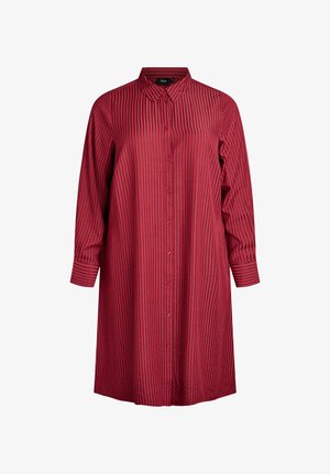 Haljina s dugim rukavima, crveno-prugasta, s gumbima sprijeda i ovratnikom. Horizontalne pruge stvaraju teksturirani izgled.