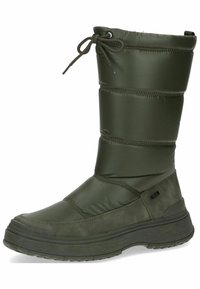 Bota verde, impermeable, de media caña con diseño acolchado, puntera redondeada, suela de goma texturizada y cordón ajustable en la parte superior.