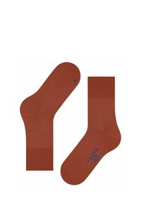 Braune Baumwollsocken mit gerippten Bündchen, die ein blaues "R" und den Schriftzug "FALKE RUN" aufweisen. Glatte Textur, Design in Standardknöchelhöhe.