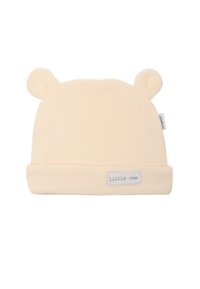 Gelbe, gerippte Stoffmütze mit Bärörchen oben und einem umgeschlagenen Bund. Mit einem kleinen Etikett mit der Aufschrift "little one" an der Seite.