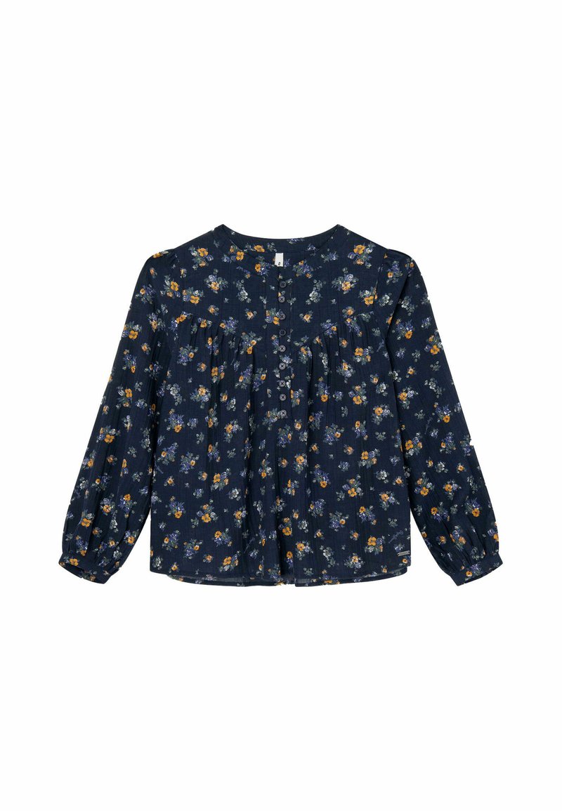 Blusa floral azul marino en tejido ligero, con manga larga, escote redondo y cierre de botones, con pequeños patrones florales en amarillo y blanco.