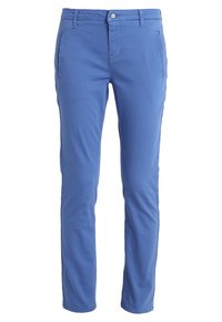 Modré bavlněné kalhoty s úzkým střihem, vybavené bočními a zadními kapsami, zipovým zapínáním a jedním předním knoflíkem na uzavření.