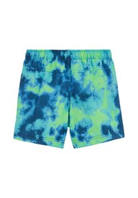 Mėlynai žaliai dekoruoti maudymosi šortai, pagaminti iš lengvos medžiagos, su elastingu juosmeniu ir laisvu įsakymu. Nėra matomų kišenių.