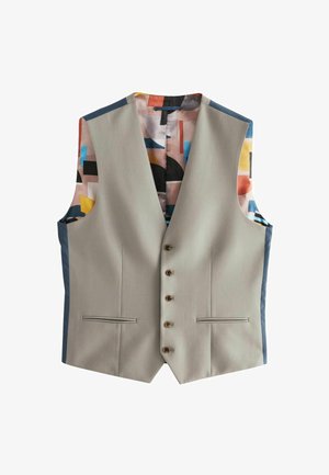 Gilet grigio chiaro con scollo a V, cinque bottoni marroni e due tasche frontali. L'interno presenta un motivo geometrico colorato.