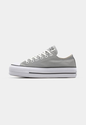 Grå canvas sneakers med hvide snørebånd, gummitå, og en tyk, hvid gummisål med to sorte striber langs siden.