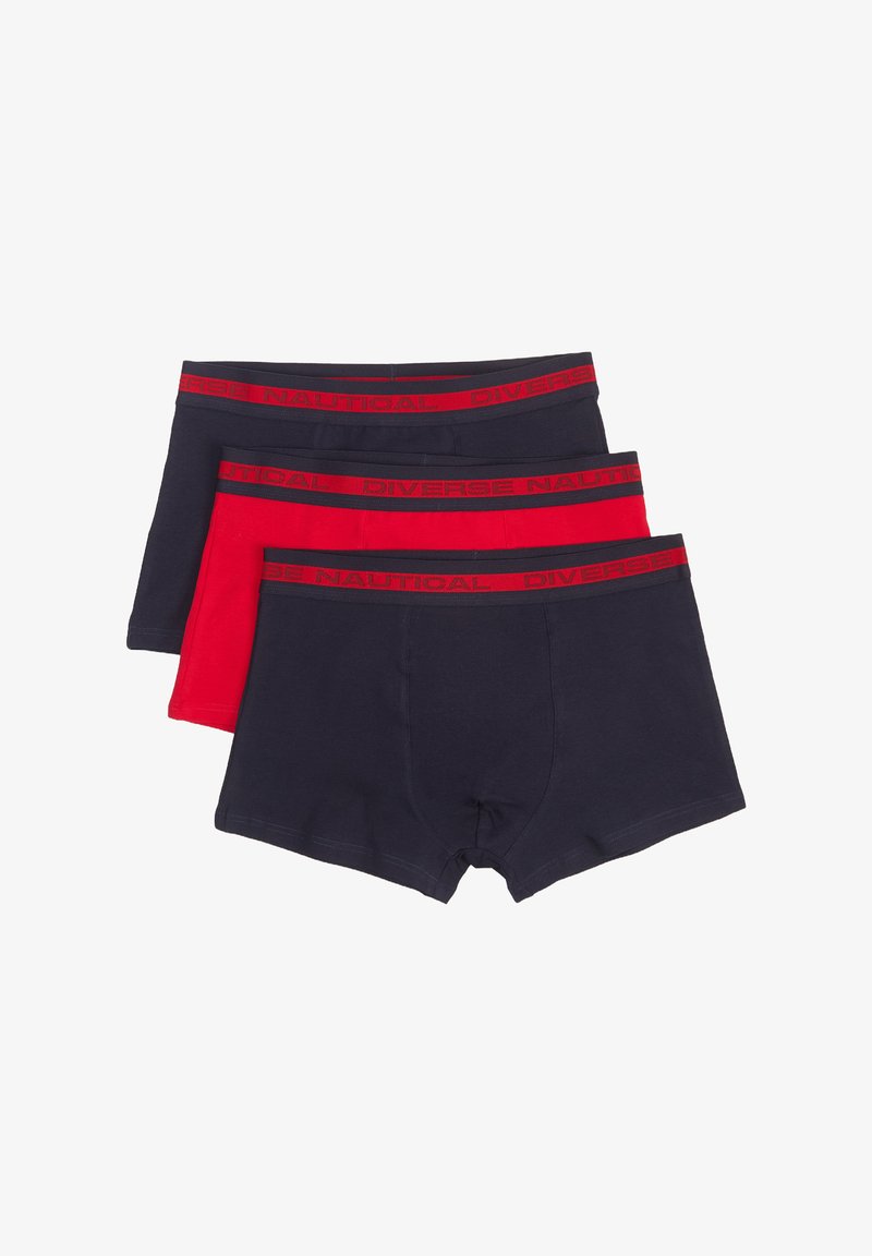 Zestaw trzech męskich majtek typu bokserki w granatowym i czerwonym kolorze. Wykonane z miękkiej bawełny, z elastycznymi pasami w talii z nadrukiem "Diverse Nautical" w kolorze czerwonym.