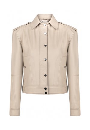 Beige kurze Jacke mit langen Ärmeln, Druckknöpfen vorne, Klappentaschen und Schulterklappen.