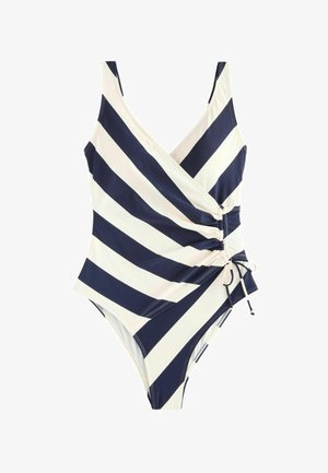 Costume da bagno intero con strisce orizzontali blu e crema, design avvolgente, lacci laterali regolabili e texture del tessuto liscia.