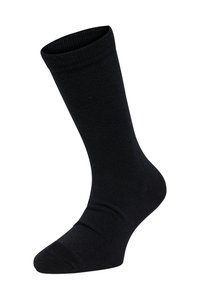 Chaussette en coton noir, avec un bord-côte, texture lisse et renfort au talon et aux orteils. Conçue pour le confort et la durabilité.