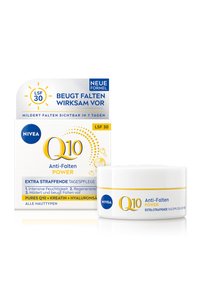 NIVEA Q10 Anti-Falten Power cream in a white jar with a yellow band. Box features blue and yellow text, sun icon, SPF 30 indicator.