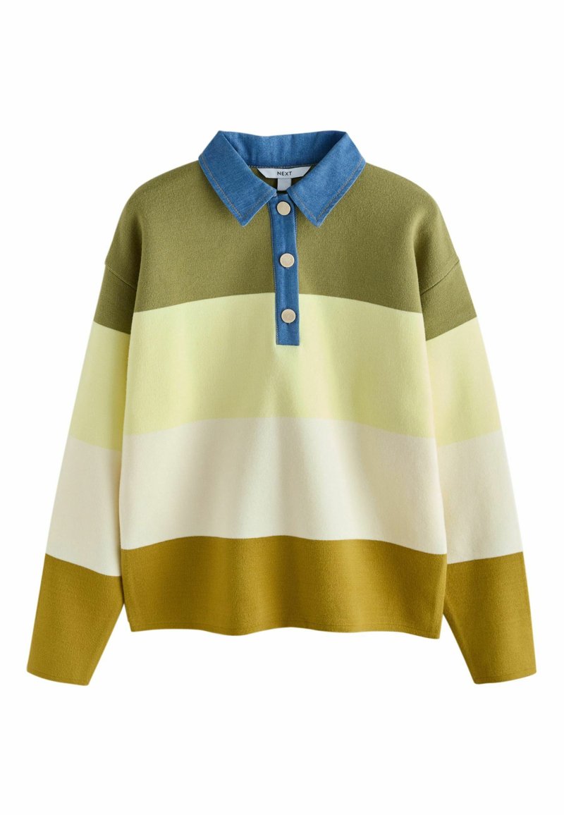 Green, yellow, and white striped pullover sweater with a blue denim collar and three buttons. Soft knit texture, relaxed fit, long sleeves.