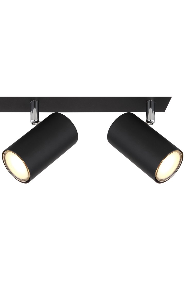 Deckenleuchte mit zwei schwarzen zylindrischen Schirmen, metallischen Chromakzenten und warmweißen Glühbirnen. Ausgestattet mit einer flachen schwarzen Montageleiste.
