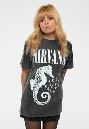Grey oversized t-shirt featuring a white "NIRVANA" logo and a large seahorse graphic with smaller seahorse accents throughout.