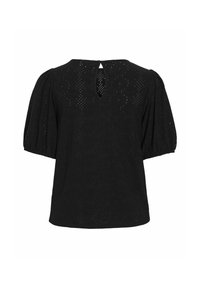 Svart blus med puffärmar, med en detaljerad nyckelhål bak och textil med en subtil struktur.