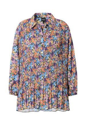 Multifarvet blomsterbluse med krave, knapstolpe, plisseret design og lange ærmer. Har livlige lilla, blå og orange mønstre.