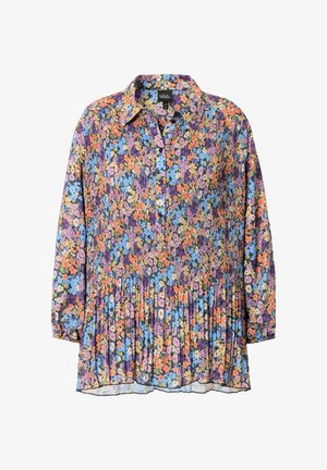 Multifarvet blomsterbluse med krave, knapstolpe, plisseret design og lange ærmer. Har livlige lilla, blå og orange mønstre.