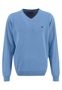 Maglione azzurro chiaro a scollo a V realizzato in tessuto morbido, con maniche lunghe, polsini a costine e un piccolo logo sul petto.