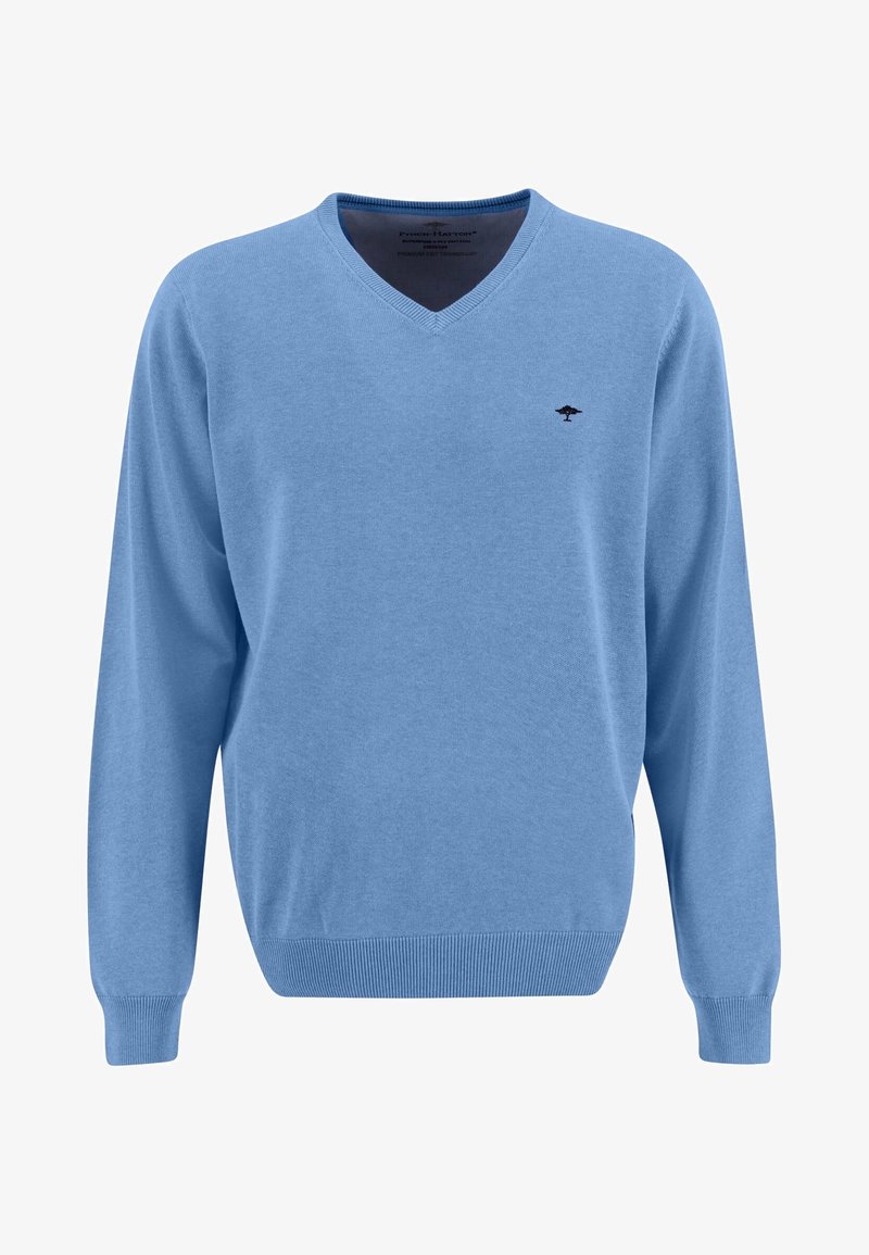 Ljust blå v-ringad tröja i mjukt material, med lång ärm, ribbade manschetter och en liten logotyp på bröstet.