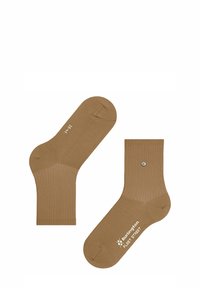 Braune Knöchelsocken aus glattem Stoff mit einem gerippten Muster. Sie verfügen über ein kleines silbernes Logo-Detail und einen verstärkten Zehenbereich.