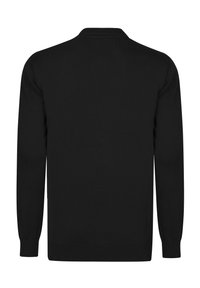 Czarny sweter z okrągłym dekoltem, długimi rękawami, ściągaczami na mankietach i u dołu oraz gładką fakturą. Prosty design, brak wzorów i akcentów.