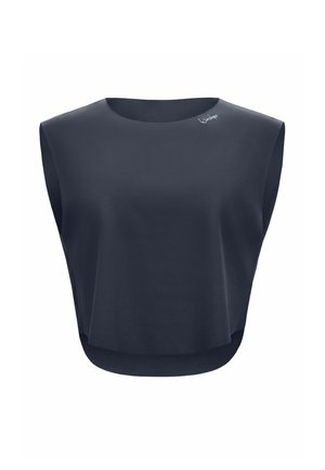 Dunkel marineblaues ärmelloses Crop-Top mit breiten Schultern und rundem Ausschnitt, mit kleinem weißem Logo nahe am Kragen.