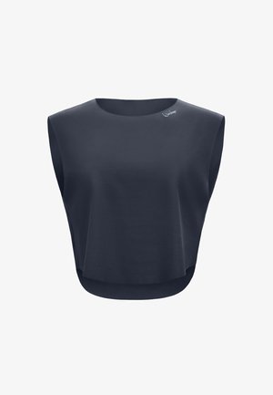 Mørk marineblå ærmeløs cropped top med brede skuldre og rund halsudskæring, med lille hvidt logo nær kraven.