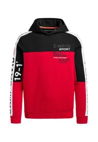 Rote und schwarze Kapuzenjacke mit Kordelzug, ausgestattet mit weißen Akzenten und bedruckten Grafiken. Hergestellt aus weichem Stoff, einschließlich gerippten Bündchen und Saum.