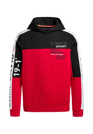 Rote und schwarze Kapuzenjacke mit Kordelzug, ausgestattet mit weißen Akzenten und bedruckten Grafiken. Hergestellt aus weichem Stoff, einschließlich gerippten Bündchen und Saum.