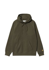 Hoodie verde oliva realizzato in tessuto morbido, dotato di tasca frontale, cappuccio con cordino e polsini a coste con un piccolo logo sulla manica.