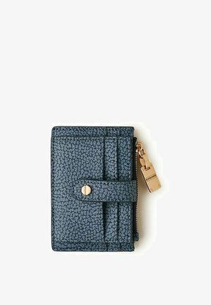 Portafoglio compatto blu scuro con trama, chiusura a scatto, più scomparti per carte e cerniera dorata con tiralampo brandizzato.
