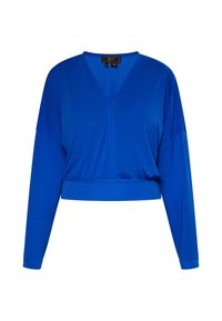 Top corto blu con maniche lunghe a V. Tessuto morbido, vestibilità comoda e orlo elastico. Presenta spalle cadute e una leggera lucentezza.