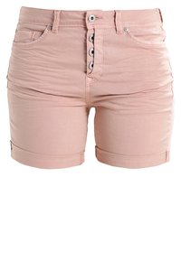 Světle růžové džíny šortky, s vysokým pasem a zavíráním na pět knoflíků, s ohrnutými manžetami a předními kapsami. Hladká textura, minimální šití.