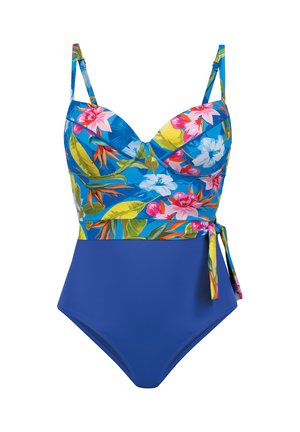 Jednoczęściowy strój kąpielowy z regulowanymi ramiączkami, kwiatowy, wielokolorowy top, jednolity dół w kolorze królewskiego błękitu oraz detal z wiązaniem po bokach w talii.