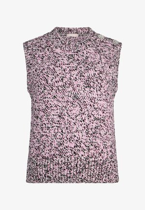 Gilet en maille sans manches en fil rose, noir et blanc avec un col rond et des broches décoratives sur une épaule.