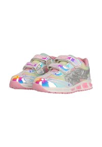 Multicolored athletic shoes with shiny, iridescent material, featuring dual Velcro straps, mesh detailing, silver accents, and a pink sole.