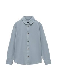 Vaaleansininen pitkähihaisessa napillinen paita, jossa on terävä kaulus ja tummat napit edessä, esitetty valkoista taustaa vasten.