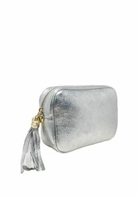 Zilverkleurige metallic cosmetica tas met een gladde textuur, ritsluiting en een decoratieve franje in bijpassend zilver. Compact rechthoekige vorm.
