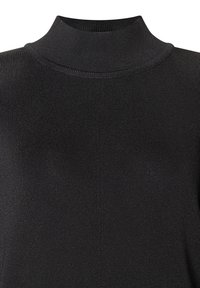 Schwarzer, gerippter Rollkragenpullover mit hohem Kragen, weichem Material und figurbetonter Passform. Ideales Kleidungsstück zum Schichten in kühlerem Wetter.