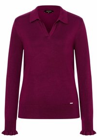 Bordeaux pullover trui met een kraag, lange mouwen en ruches aan de mouwen. Zachte textuur, aansluitend ontwerp en een klein logo accent aan de onderkant.
