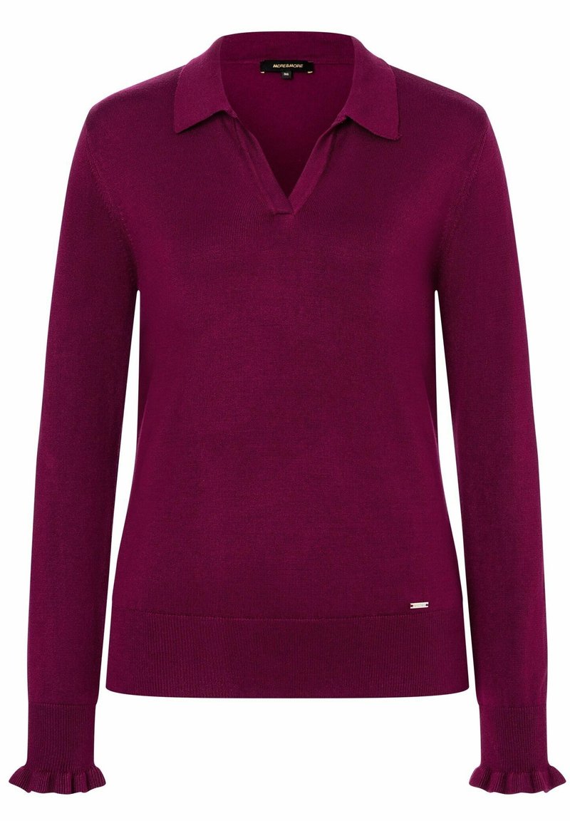 Bordeaux pullover trui met een kraag, lange mouwen en ruches aan de mouwen. Zachte textuur, aansluitend ontwerp en een klein logo accent aan de onderkant.