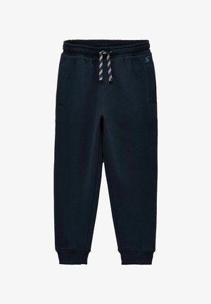 Pantaloni jogger bleumarin cu talie elastică, șnur alb cu dungi, buzunare laterale, manșete striate la gleznă și un mic logo pe șold.