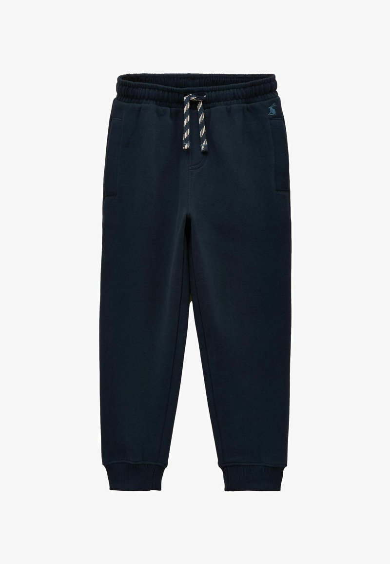 Pantalon de jogging bleu marine avec taille élastique, cordon blanc à rayures, poches latérales, poignets côtelés aux chevilles et petit logo sur la hanche.