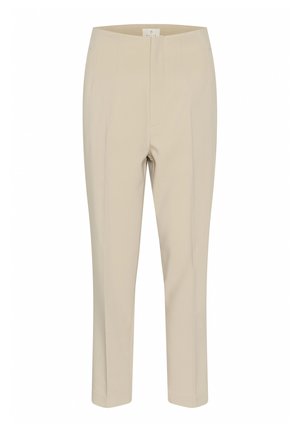 Beige op maat gemaakte broeken met een hoge taille, rechte pijpen en een frontale plooi. Gemaakt van een gladde stof zonder zichtbare fittingen of patronen.