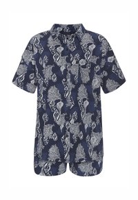 Kurze Ärmel, navyblaues Hemd und Shorts-Set mit einem Muster aus weißen Korallen und Muscheln. Hergestellt aus leichtem Material mit einem Knopfverschluss.