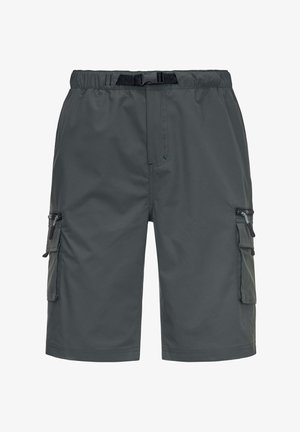Short cargo gris foncé avec taille élastique, boucle noire et poches latérales zippées sur les deux jambes.