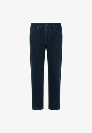 Dunkelblaue Denim-Hose mit geradem Schnitt, ausgestattet mit fünf Taschen, einem Knopfverschluss und kontrastierenden Nähten.